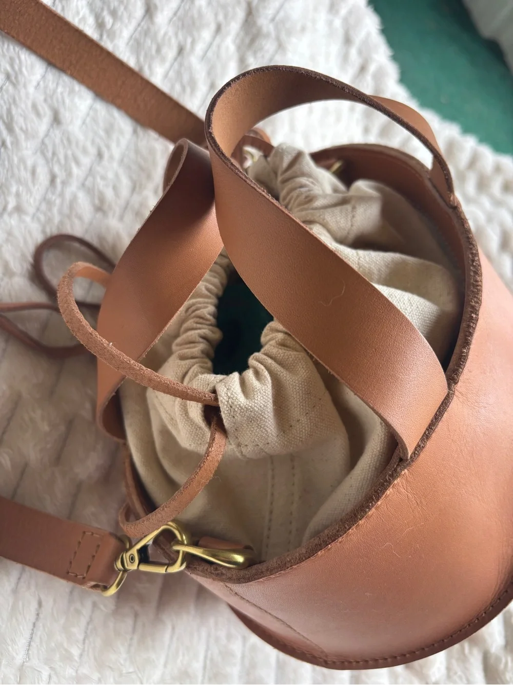 Madewell Cognac Leather Bucket Crossbody Bag Gold Hardware Drawstring Near New